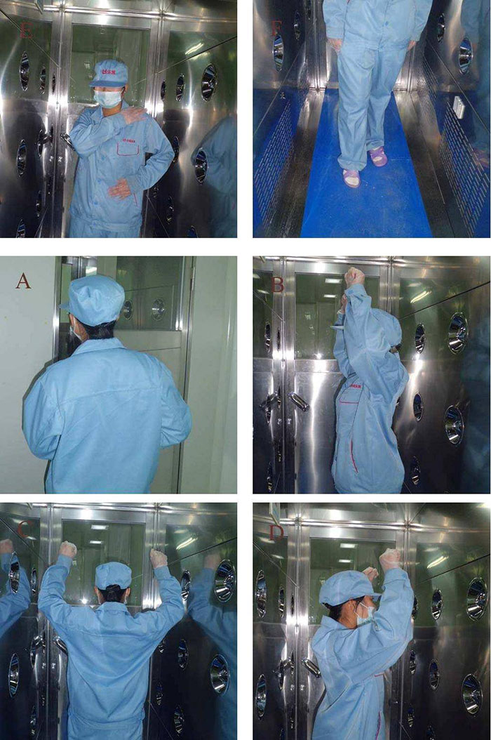 進入風淋室前無塵服應(yīng)穿著得當，袖口和領(lǐng)口需拉緊，避免衣物內(nèi)外的塵埃進入。